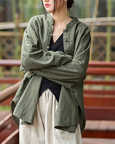 Women's Linen Oversized Blouses Vintage Long Sleeve Jackets Loose fit Chinese Frog Shirts