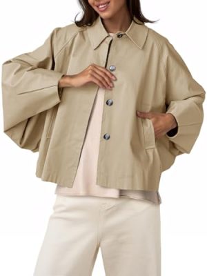 Womens Oversized Cropped Trench Coats Batwing Sleeve Trendy Casual Short Jackets Button Up Outerwear
