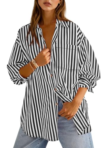Womens Oversized Striped Button Down Shirts Boyfriend Long Sleeve Collared Work Blouses