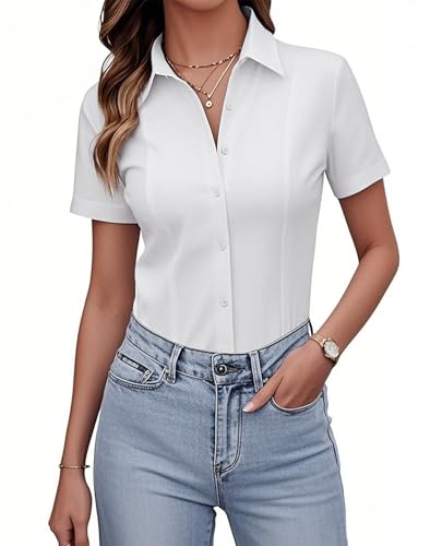 Women's Button Down Shirts Slim fit Short Sleeve Stretch Dress Shirts Wrinkle-Free Solid Work Blouse