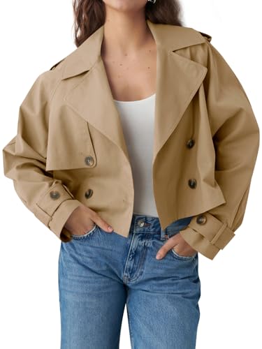 Womens Cropped Trench Coat Lapel Double Breasted Short Jacket Outwear
