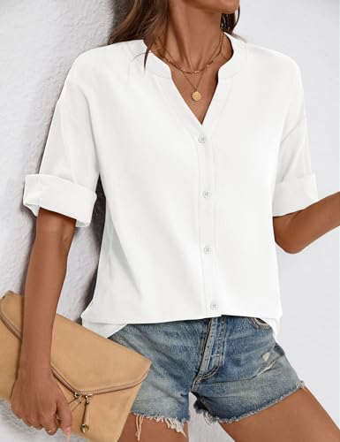Womens 3/4 Sleeve Button Down Shirts Cotton Linen Roll Up Short Sleeve Tops V Neck Casual Loose Fit Blouses