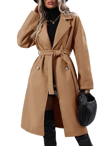 Women Elegant Wool Pea Coat Lapel Collar Double Breasted Mid-Long Winter Overcoats with Belted Pockets