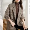 Womens Notched Lapel Pea Coat Double Breasted Blazer Jackets Houndstooth Woolen Blend Overcoat with Pockets