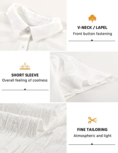 Womens Button Down Shirts Cotton Summer Tops V Neck Short Sleeve Shirt Collar Blouse Casual Plain Tshirt Work Tops