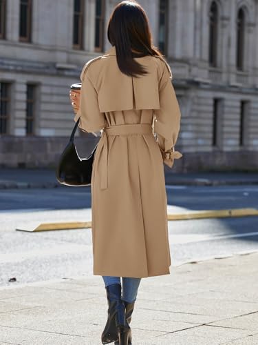 Womens Long Trench Coat Double Breasted Classic Lapel Fall Overcoat with Belt