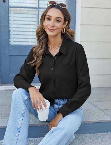Womens Button Down Shirts Long Sleeve Dress Shirts Casual V Neck Collared Tops Work Office Blouse with Pocket
