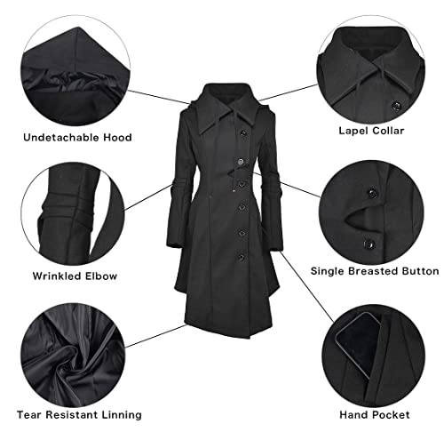 Long Trench Pea Coat for Women - Wool Winter Trench Coat Goth Lapel Peacoat Outwear Thick Hood Pea Jacket Trenchcoat
