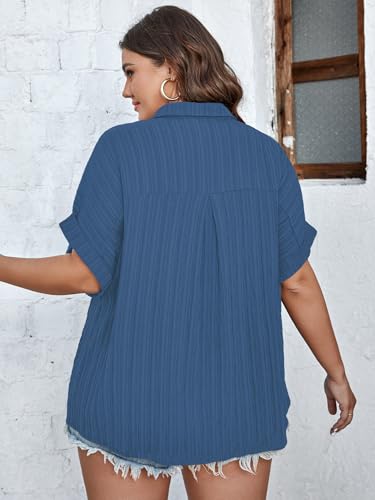 Women Plus Size Button Down Short Sleeve Shirts Collared Textured Summer Blouse Casual Tops with Pockets
