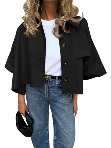 Womens Oversized Cropped Trench Coats Single Breasted 3/4 Cape Sleeve Trendy Casual Jackets Button up Outerwear