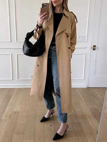 Womens Long Trench Coat Double Breasted Classic Lapel Fall Overcoat with Belt