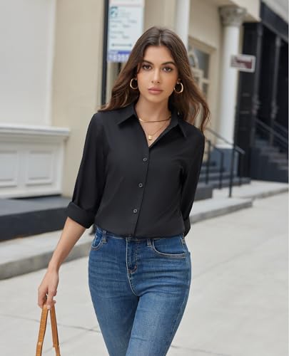 Womens Button Down Shirt Dress Shirts Cotton Long Sleeve Wrinkle Free Work Office Shirt Regular Fit Blouse Top