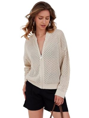 Womens Zip Up Crochet Cardigan Sweater Oversized Long Sleeve Hollow Out Knit Bomber Jacket Fishnet Sweaters