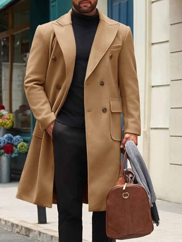 Mens Wool Blend Casual Trench Coat Notched Collar Lapel Long Jacket Double Breasted Classic Winter Overcoat
