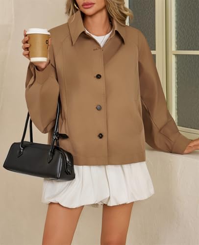 Womens Oversized Cropped Trench Coat Batwing Sleeve Single Breasted Lapel Casual Jackets Fall Button up Outerwear