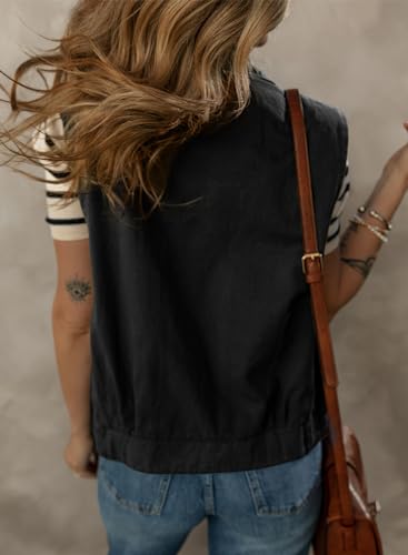 Womens Vests 2025 Fall Outerwear Button-Down Lapel Collar Elastic Hem Sleeveless Jacket Cargo Vest