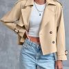 Women Crop Double Breasted Trench Coat Raglan Sleeve Work Office Cropped Jacket With Pockets