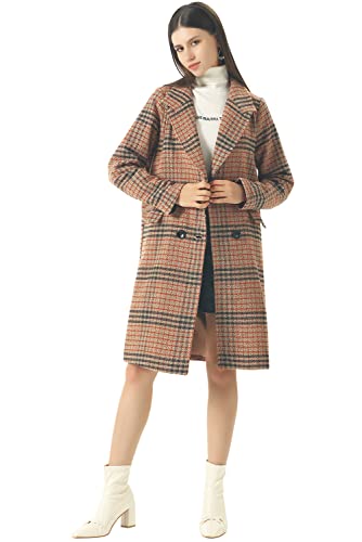 Women's Winter Oversize Lapel Collar Woolen Plaid Double Breasted Long Peacoat Jacket