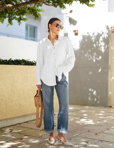 Womens Button Down Shirts Long Sleeve Dress Shirt Textured Collared Work Blouse Dressy Casual Tops with Pocket