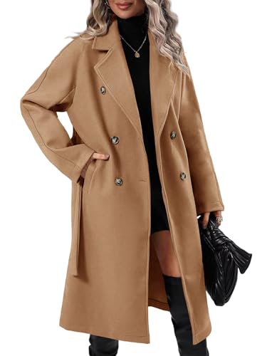 Women Elegant Wool Pea Coat Lapel Collar Double Breasted Mid-Long Winter Overcoats with Belted Pockets