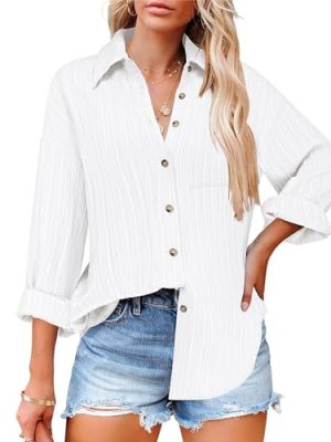 Womens Button Down Shirts Long Sleeve Dress Shirt Textured Collared Work Blouse Dressy Casual Tops with Pocket
