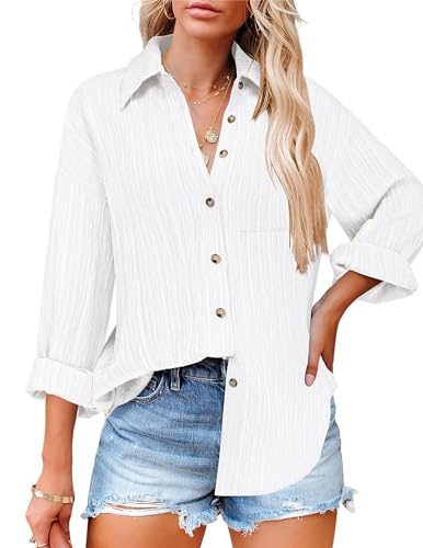 Womens Button Down Shirts Long Sleeve Dress Shirt Textured Collared Work Blouse Dressy Casual Tops with Pocket
