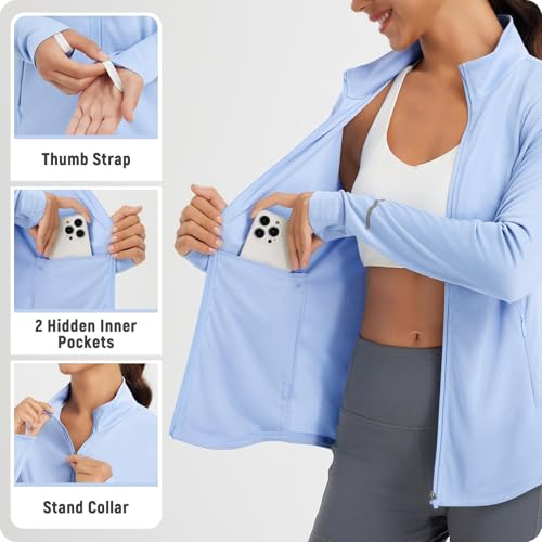 Women's Lightweight Running Jacket Sun Protection Athletic Full Zip Long Sleeve Shirts UPF 50+ Pockets Cycling