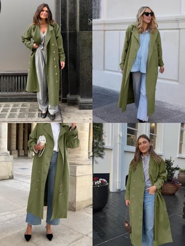 Womens Long Trench Coat Oversized Double Breasted Windproof Classic Lapel Casual Fall Overcoat