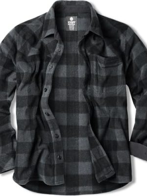 Men's Long Sleeve Heavyweight Fleece Shirts, Plaid Button Up Shirt, Warm Outdoor Casual Shirt with Pockets