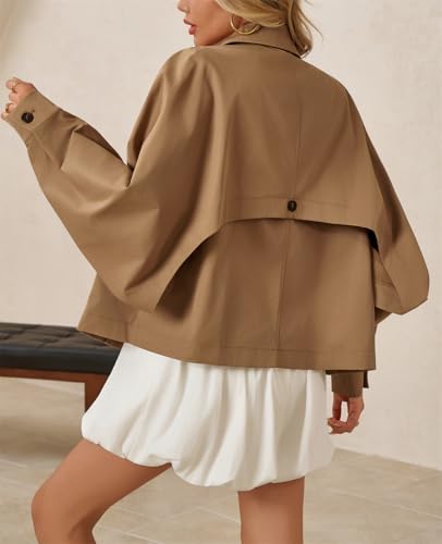 Womens Oversized Cropped Trench Coat Batwing Sleeve Single Breasted Lapel Casual Jackets Fall Button up Outerwear
