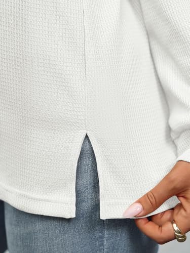 Womens Waffle Knit Button Down Shirts Fall Dressy Casual Long Sleeve V Neck Blouse Loose Fit Work Tops Shacket
