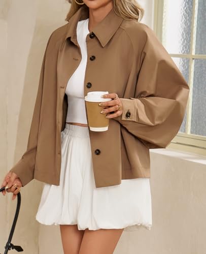 Womens Oversized Cropped Trench Coat Batwing Sleeve Single Breasted Lapel Casual Jackets Fall Button up Outerwear
