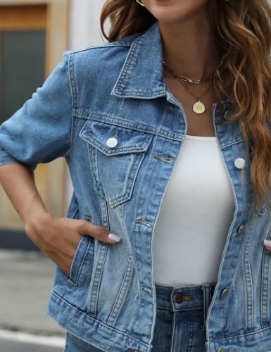 Women's 3/4 Sleeve Short Denim Jacket Lapel Button Down Cropped Trucker Jean Jackets Coats