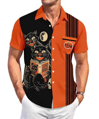 Halloween Trick or Treat Button Down Shirt, Funny Shirt,Short Sleeve Hawaiian Shirt, Graphic Print, Holiday Party Wear