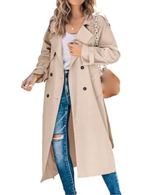Womens Casual Notched Lapel Double Breasted Trench Coats Classic Fashion Long Jacket Slim Windbreaker Overcoat