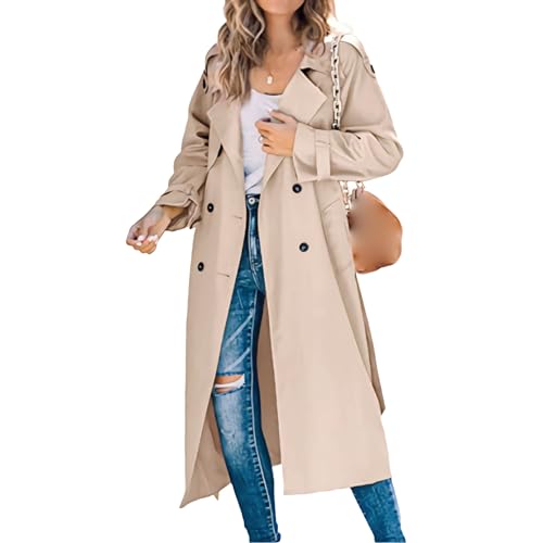 Womens Casual Notched Lapel Double Breasted Trench Coats Classic Fashion Long Jacket Slim Windbreaker Overcoat