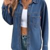 Women Denim Shirts Oversized Long Sleeve Button Down Blouse V Neck Casual Top Shackets