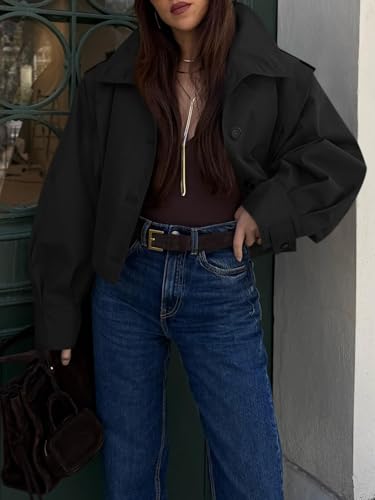 Womens Cropped Trench Coats Pleated Button Down Short Jackets Fall Casual Lapel Loose Fit Outerwears
