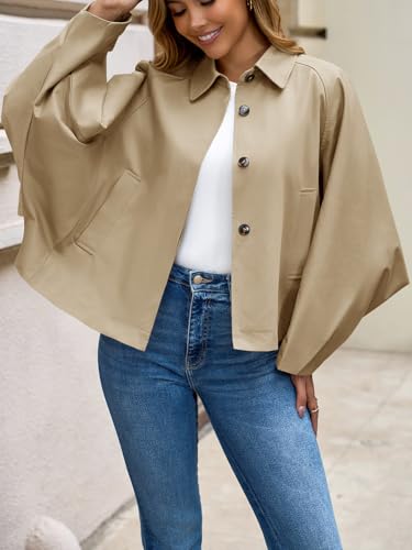 Womens Oversized Cropped Trench Coats Batwing Sleeve Trendy Casual Short Jackets Button Up Outerwear