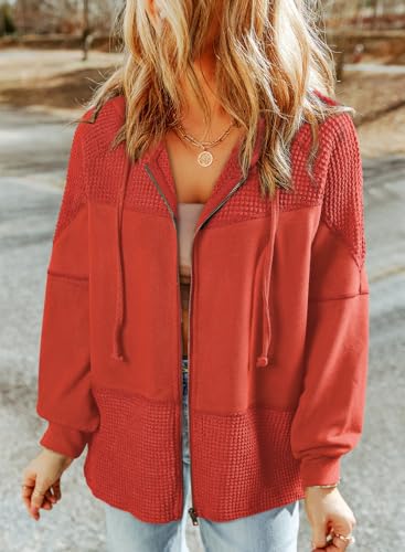 Waffle Knit Hoodies for Womens Zip Up Jackets 2025 Drawstring Fall Casual Jackets