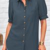 Womens Summer Short Sleeve Button Down Shirts V Neck Collared Casual Blouse Tops with Pockets
