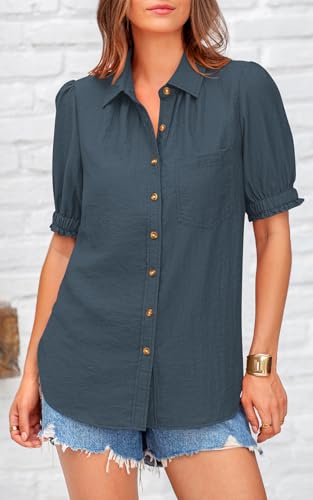 Womens Summer Short Sleeve Button Down Shirts V Neck Collared Casual Blouse Tops with Pockets