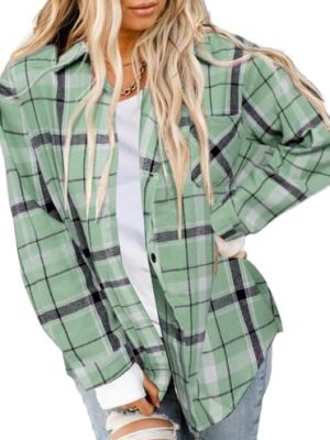 Womens Buffalo Plaid Flannel Shirt Long Sleeve Collar Button Down Blouses Lightweight Tops (S-2XL)