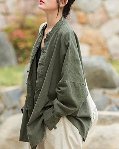 Women's Linen Oversized Blouses Vintage Long Sleeve Jackets Loose fit Chinese Frog Shirts