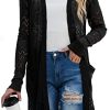 Womens Lightweight Longer Length Cardigan Long Sleeve Casual Crochet Open-Front Sweater with Pockets