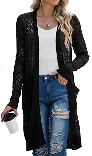 Womens Lightweight Longer Length Cardigan Long Sleeve Casual Crochet Open-Front Sweater with Pockets