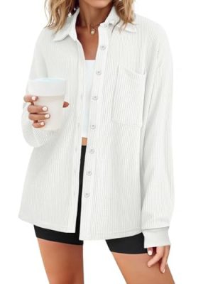 Womens Waffle Knit Button Down Shirts Fall Dressy Casual Long Sleeve V Neck Blouse Loose Fit Work Tops Shacket