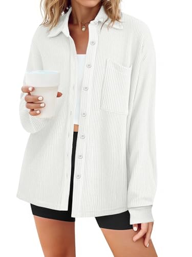 Womens Waffle Knit Button Down Shirts Fall Dressy Casual Long Sleeve V Neck Blouse Loose Fit Work Tops Shacket