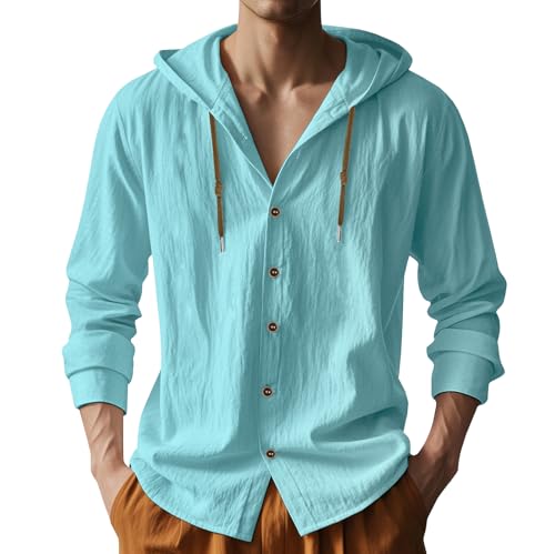 Men Cotton Linen Long Sleeve Button Down Shirt Summer Casual Hawaiian Beach Tops Lightweight Fashion Hoodies