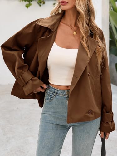 Womens Cropped Trench Coat Short Single Breasted Jackets Lightweight Casual Outerwear